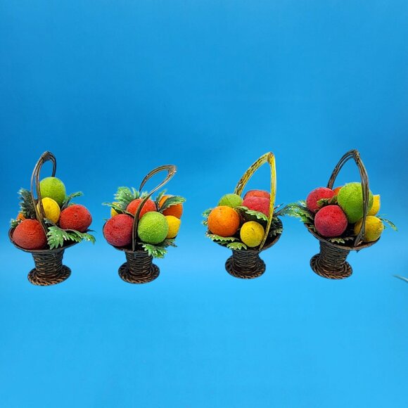 MCM Miniature Flocked Fruit Basket Ornaments Doubl Glo Hong Kong 70s Kitsch VTG - Picture 4 of 9